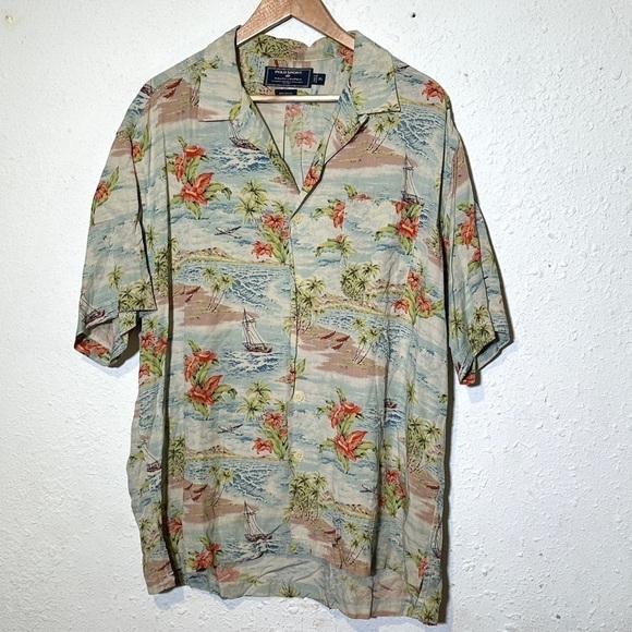 Polo Sport By Ralph Lauren Hawaiian Print Button Front Short Sleeve Top Sz XL M - Picture 1 of 12